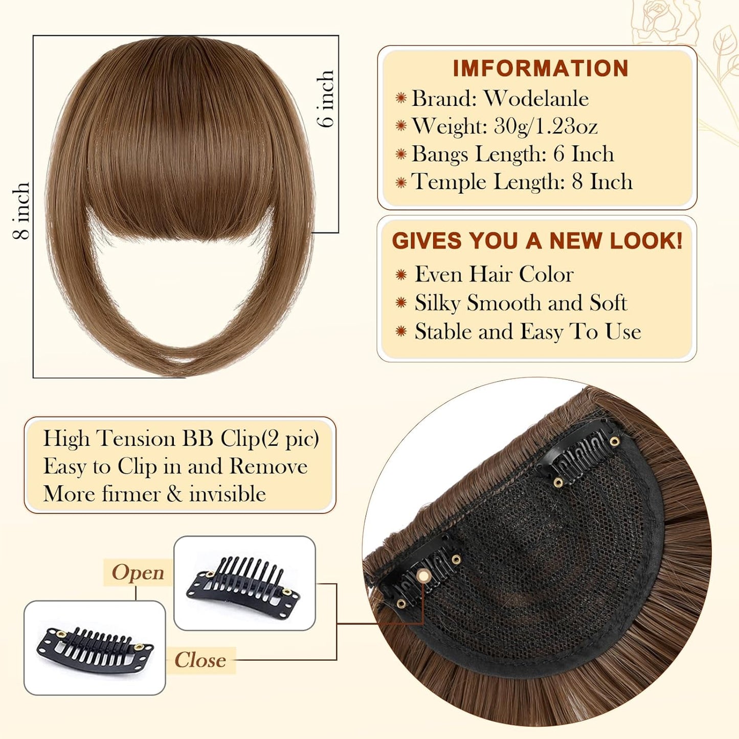 Bangs Hair Clip in Bangs, Fake Bangs Natrual Clip on Bangs Brown,Faux Bangs Easy Clip in Hair Extenisons,French Bangs Fringe with Temples Hairpieces Curved Bangs for Daily Wear