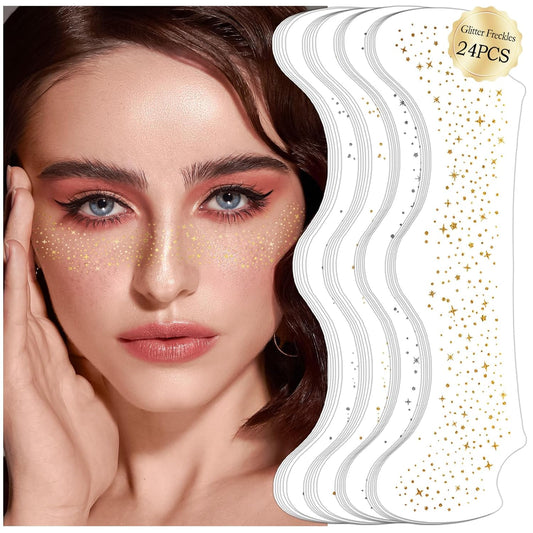 24 Sheets Gold and Silver Face Glitter Freckles Face Tattoo, Sparkle Speckles Patches Waterproof Temporary Tattoo, Glitter Fake Freckles Face Makeup Patches For Women Girls Festival Party Face Decor