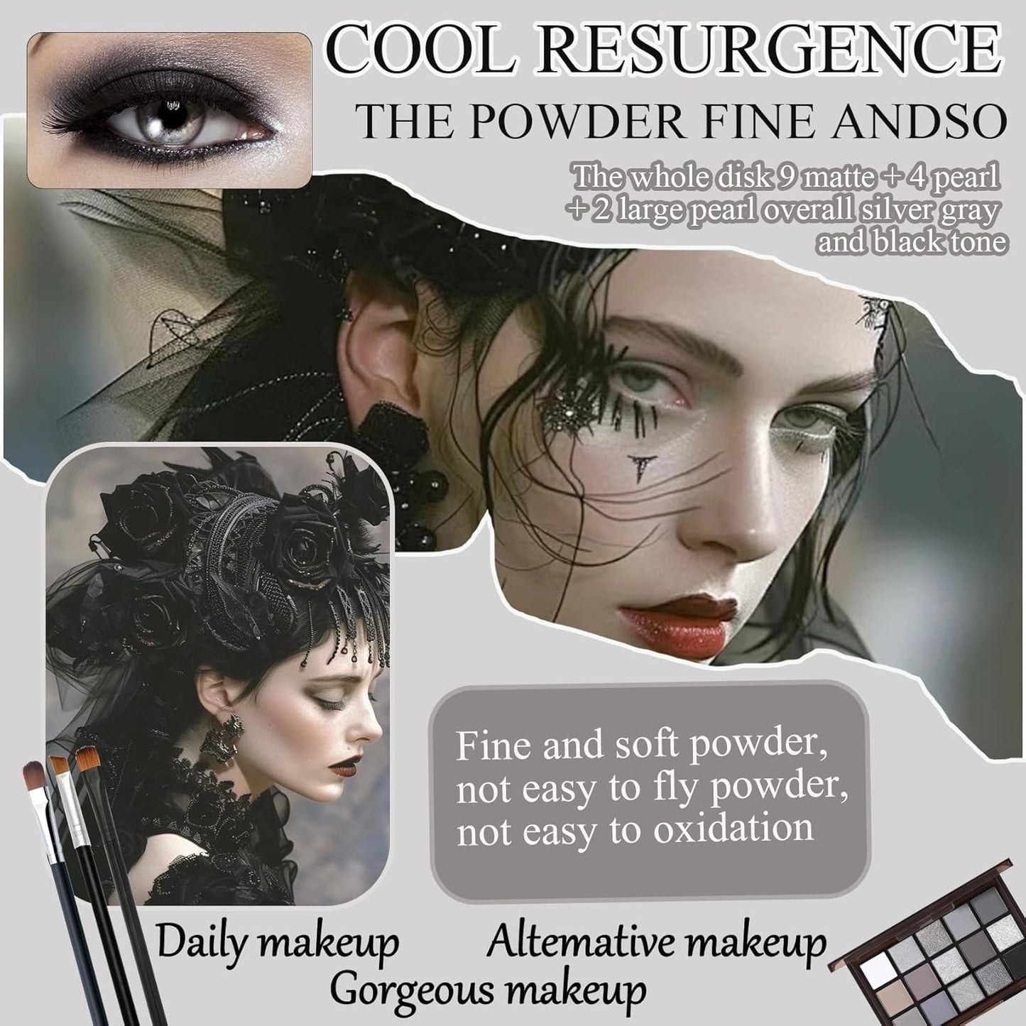 Black Grey Smoky Eyeshadow Palette,15 Colors Matte Shimmer Pigmented Eye Shadow Makeup Palette Set with 3 Eyeshadow Brushes,Glitter Eyeshadow Makeup Palette for Daily Halloween Goth Makeup(H)