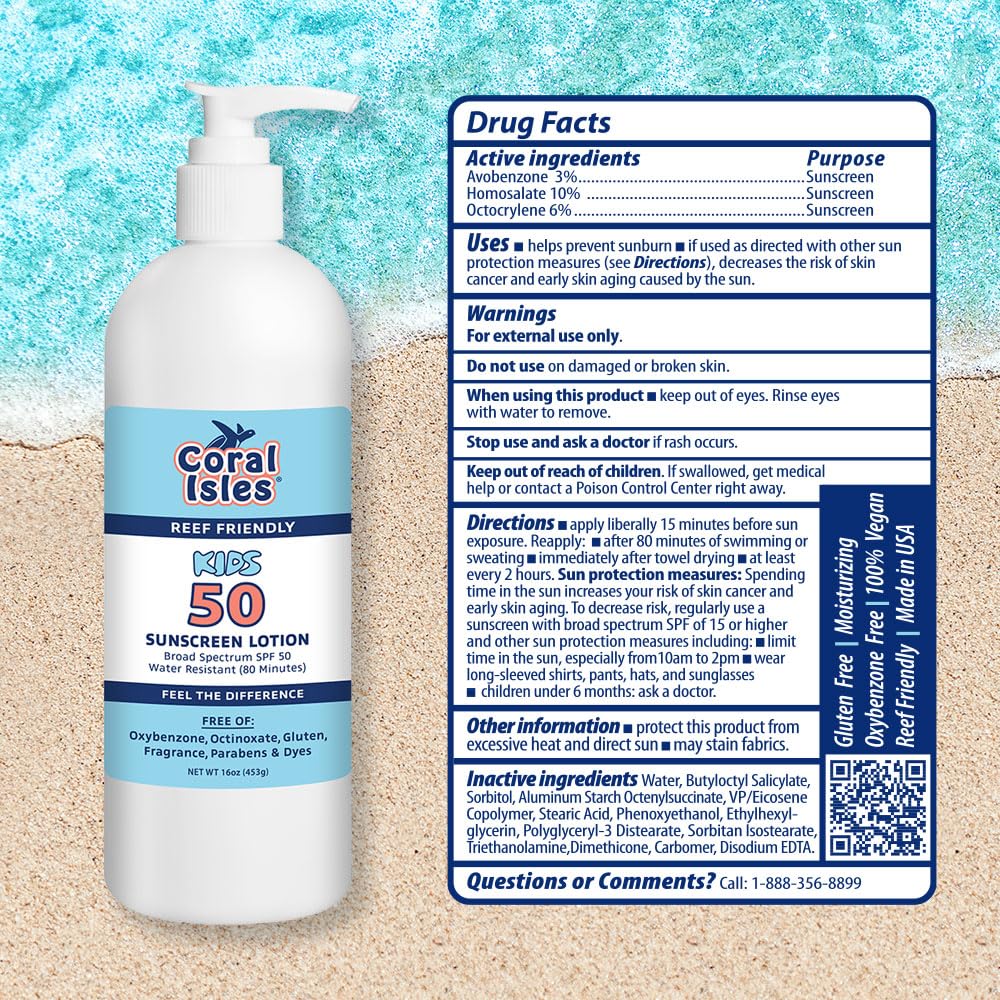 Coral Isles by Rocky Mountain Sunscreen | SPF 50 KIDS Lotion | Broad Spectrum UVA/UVB Protection | Hawaii Reef-Safe Act Compliant | Oxybenzone & Octinoxate Free | Water Resistant 80 Min. | 16 Fl Oz