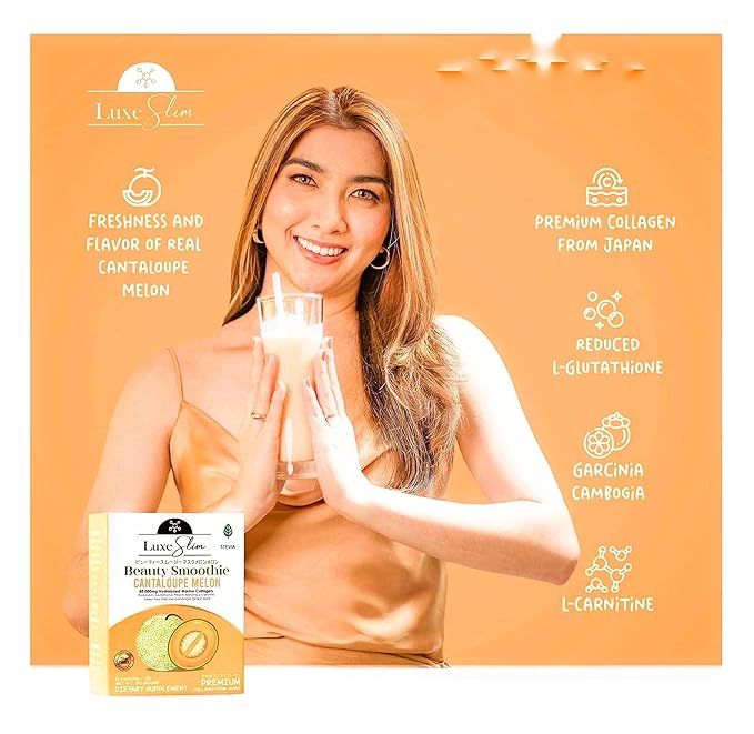 Luxe Slim Beauty Smoothie Cantaloupe Melon, 80,000mg Hydrolyzed Marine Collagen, 21gx10 Sachets, 7.4075 Ounce