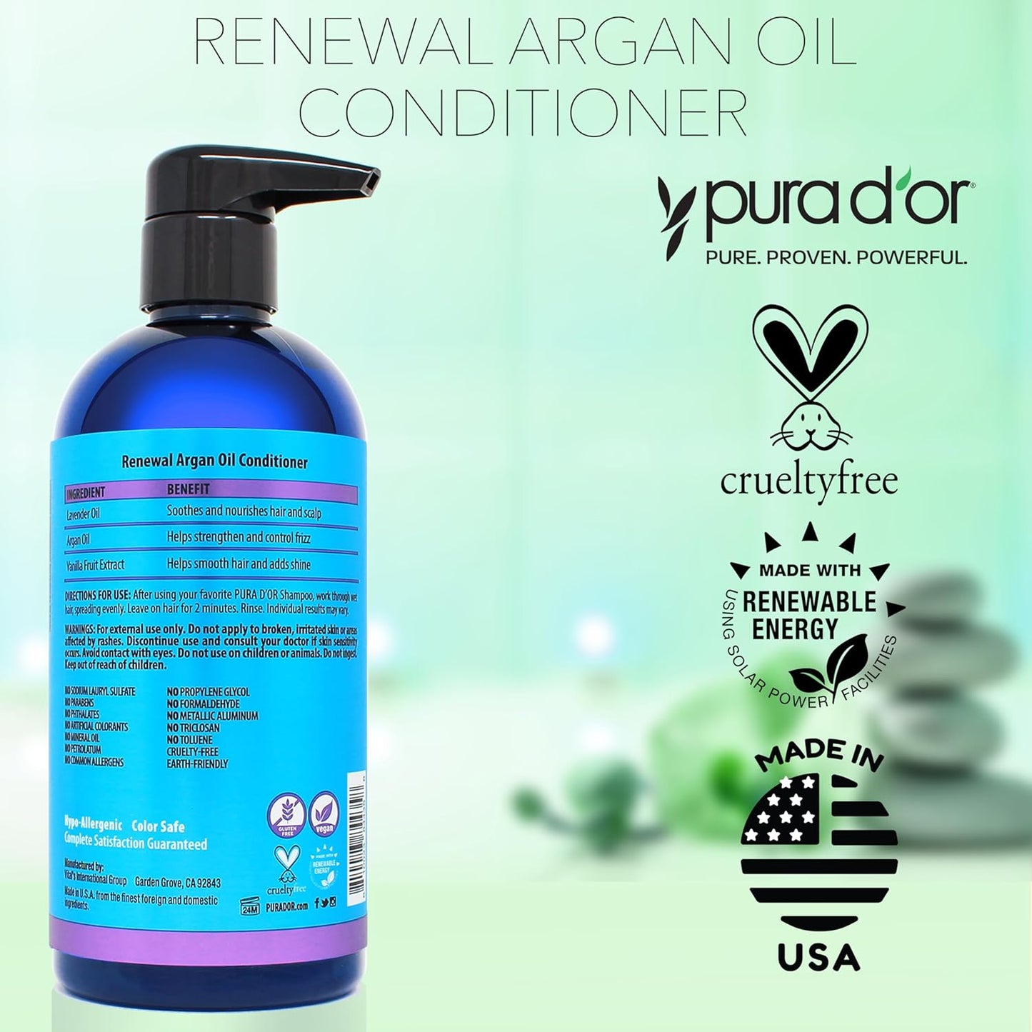 PURA D'OR 16 Oz Renewal Argan Oil Conditioner – Sulfate-Free, Hydrating, Frizz Control, Color-Safe, with Organic Aloe Vera & Argan Oil, Nourishing & Strengthening for Dry, Damaged Hair