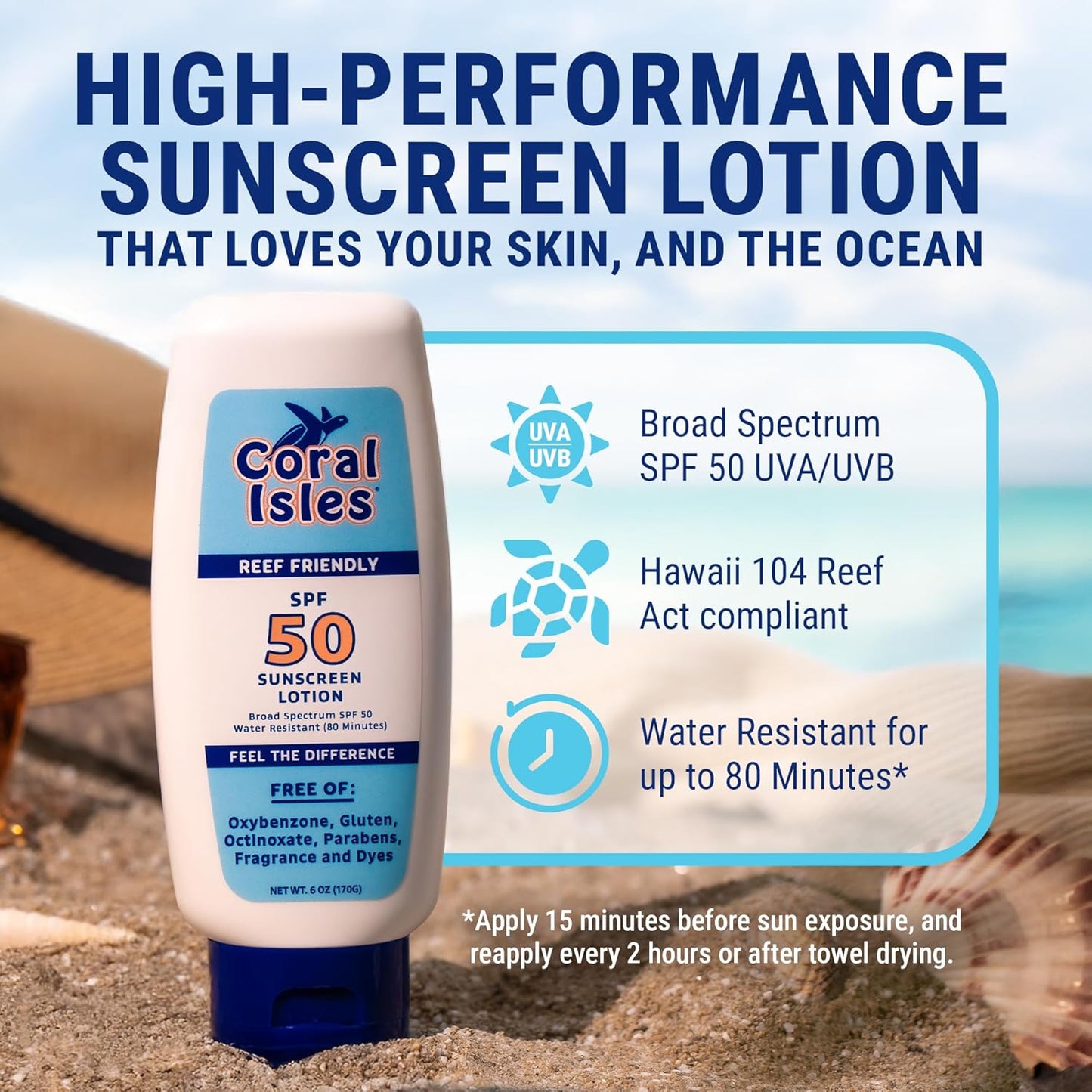 Coral Isles Sunscreen SPF 50 | Hawaii Reef-Safe Act Compliant | Octinoxate & Oxybenzone Free | Broad Spectrum UVA/UVB Protection | Water Resistant 80 Min. | Fragrance Free | 6 Fl Oz Lotion