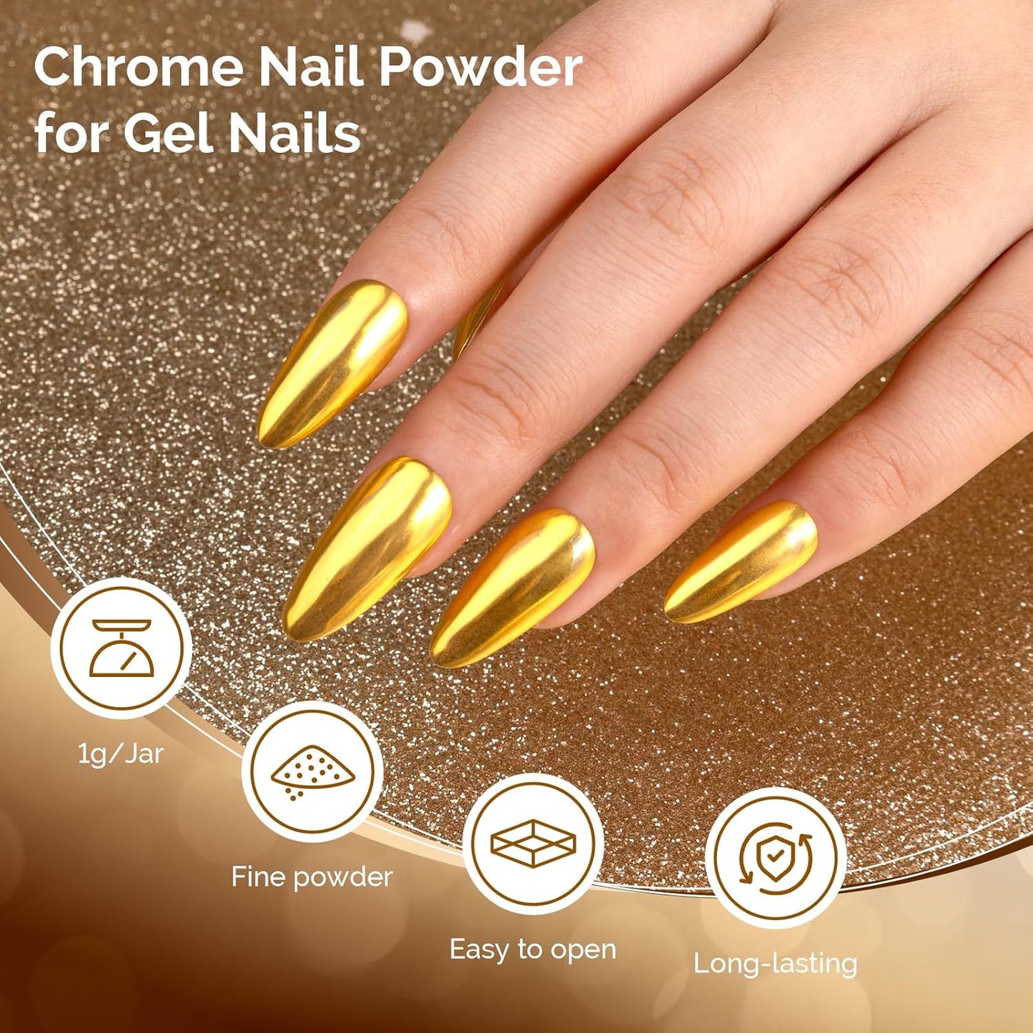 MelodySusie Gold Chrome Nail Powder for Gel Nails,Metallic Mirror Effect Pigment Stylish and Technological Fine Glitter for Home DIY Salon Use
