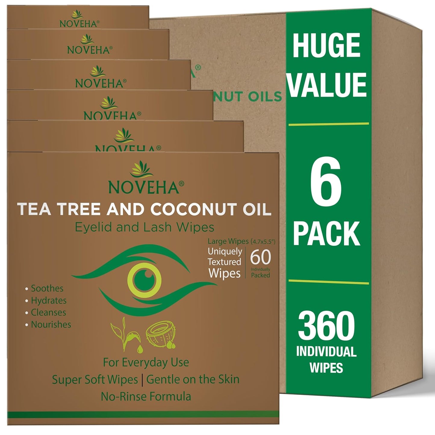 NOVEHA 360PCs Tea Tree & Coconut Oil Eyelid & Lash Wipes | For Demodex, Blepharitis & Itchy Eyes, Box Of 60 Individually Wrapped Eyelash Wipes With Aloe Vera, Natural Makeup Remover