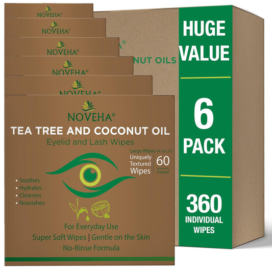 NOVEHA 360PCs Tea Tree & Coconut Oil Eyelid & Lash Wipes | For Demodex, Blepharitis & Itchy Eyes, Box Of 60 Individually Wrapped Eyelash Wipes With Aloe Vera, Natural Makeup Remover