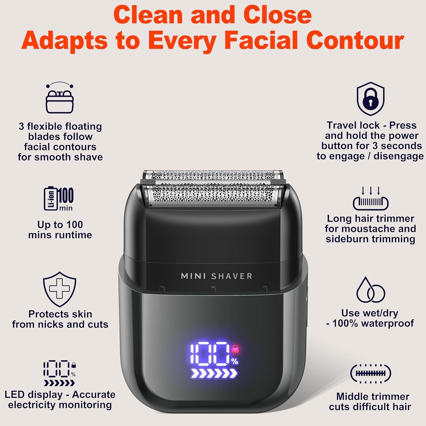 Telfun Mini Electric Foil Shavers for Men, Portable Men's Travel Facial Hair Groomer, USB-C Electric Beard Shaver with Full Body Waterproof & Big LED Display, Close Face Shaver for Head, Beard, & Neck