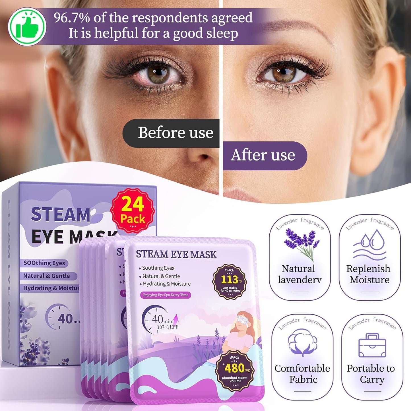 110℉ Constent Cornea Care Rest Self Heating Eye Mask 60Mins, Disposable Lavender Steam Eye Mask for Travel Sleep, Compresses for Dry Eyes, Relaxing Gifts 24 Packs