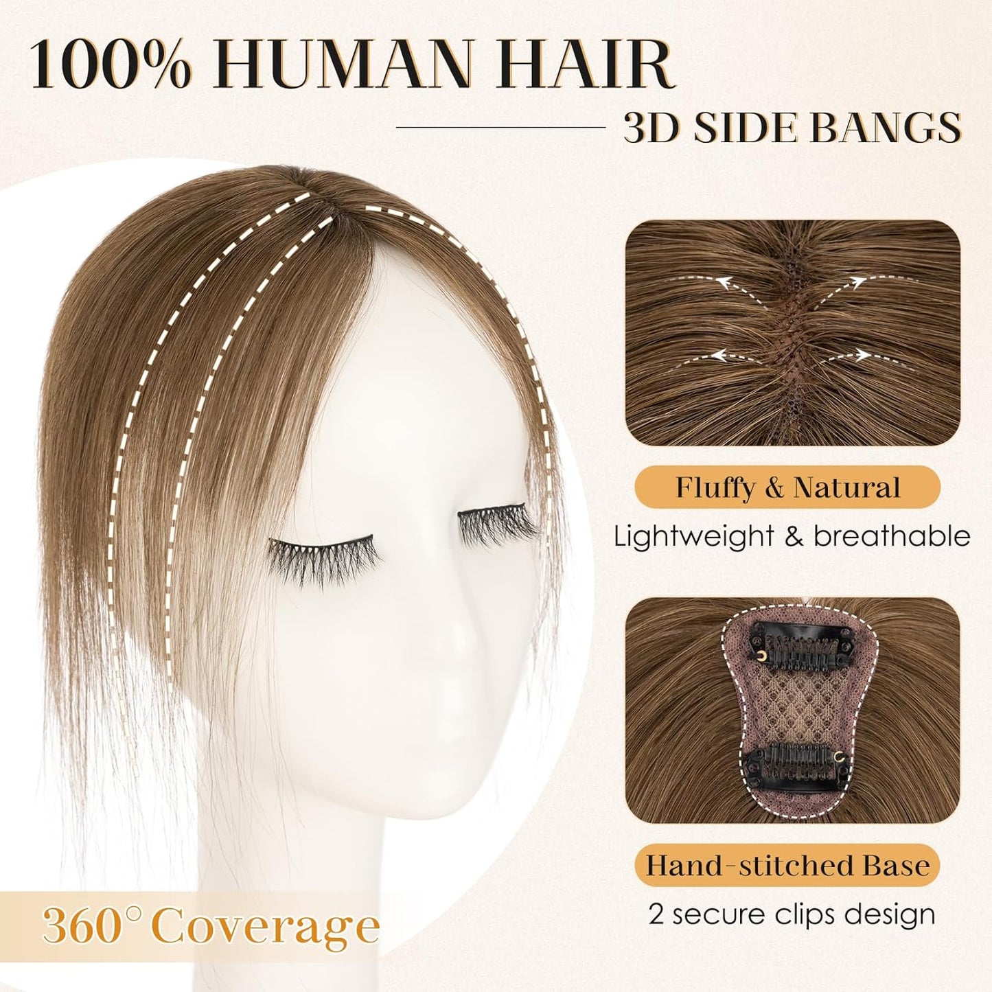 S-noilite Bangs Hair Clip,360° 3D Cover Real Clip in Bangs Human Hair Toppers for Women With Side Bang Daily Wear Medium Brown