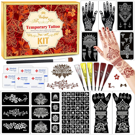 Temporary Tattoo Stencil Kit 10 Sheets (7 Large Hand & Half Arm), 6 Pcs 3 Color Cones (Black/Brown/Cherry Red),Temporary Tattoos for Adults Kids Men Women,DIY Body Art with Stencils