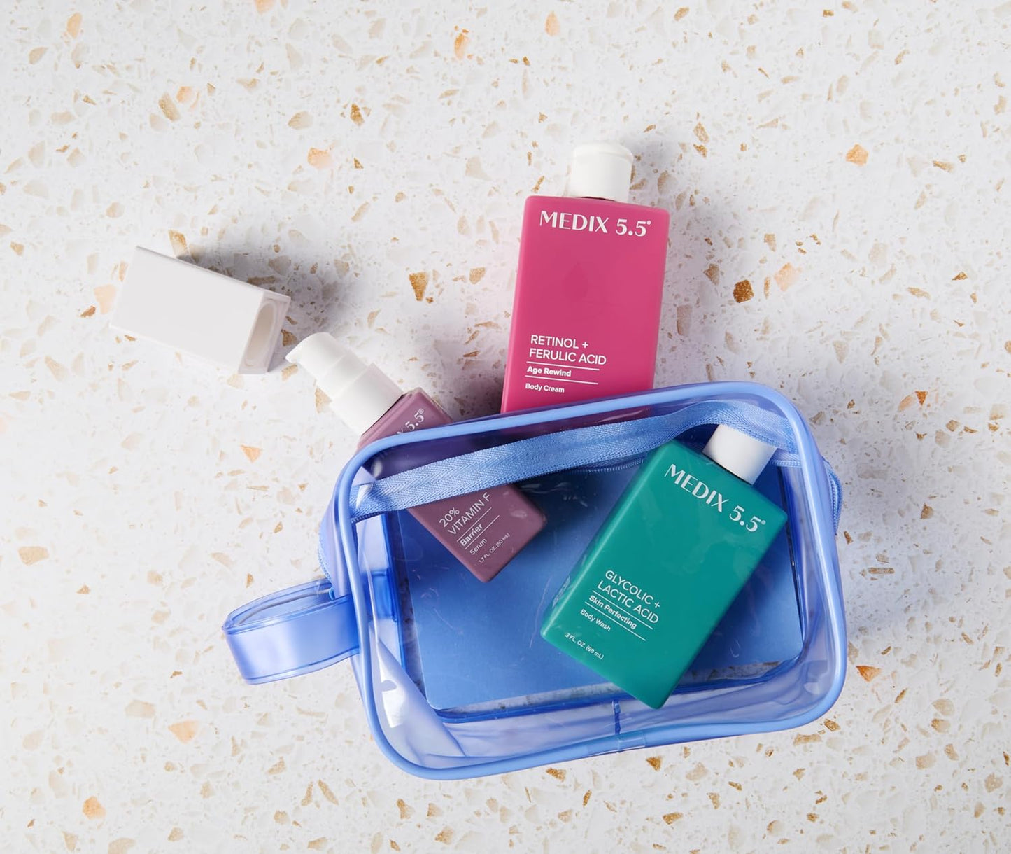 MEDIX 5.5 Best Sellers Travel Kit Skin Care Set - Retinol Body Lotion + Glycolic Acid Exfoliating Body Wash + 20% Vitamin F Body Oil 3PC Skincare Set | Crepey Skin Care Treatment, 3 Piece Travel Kit