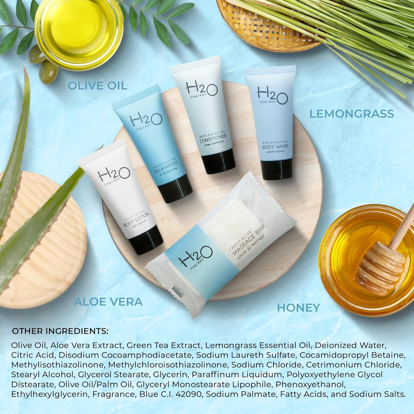 H2O Therapy Hotel Soaps & Toiletries Bulk Set | 1-Shoppe Amenities Kit | 0.85oz Shampoo & Conditioner, Body Wash, Lotion, 1oz Bar Soap | Travel Size | 75 Pieces