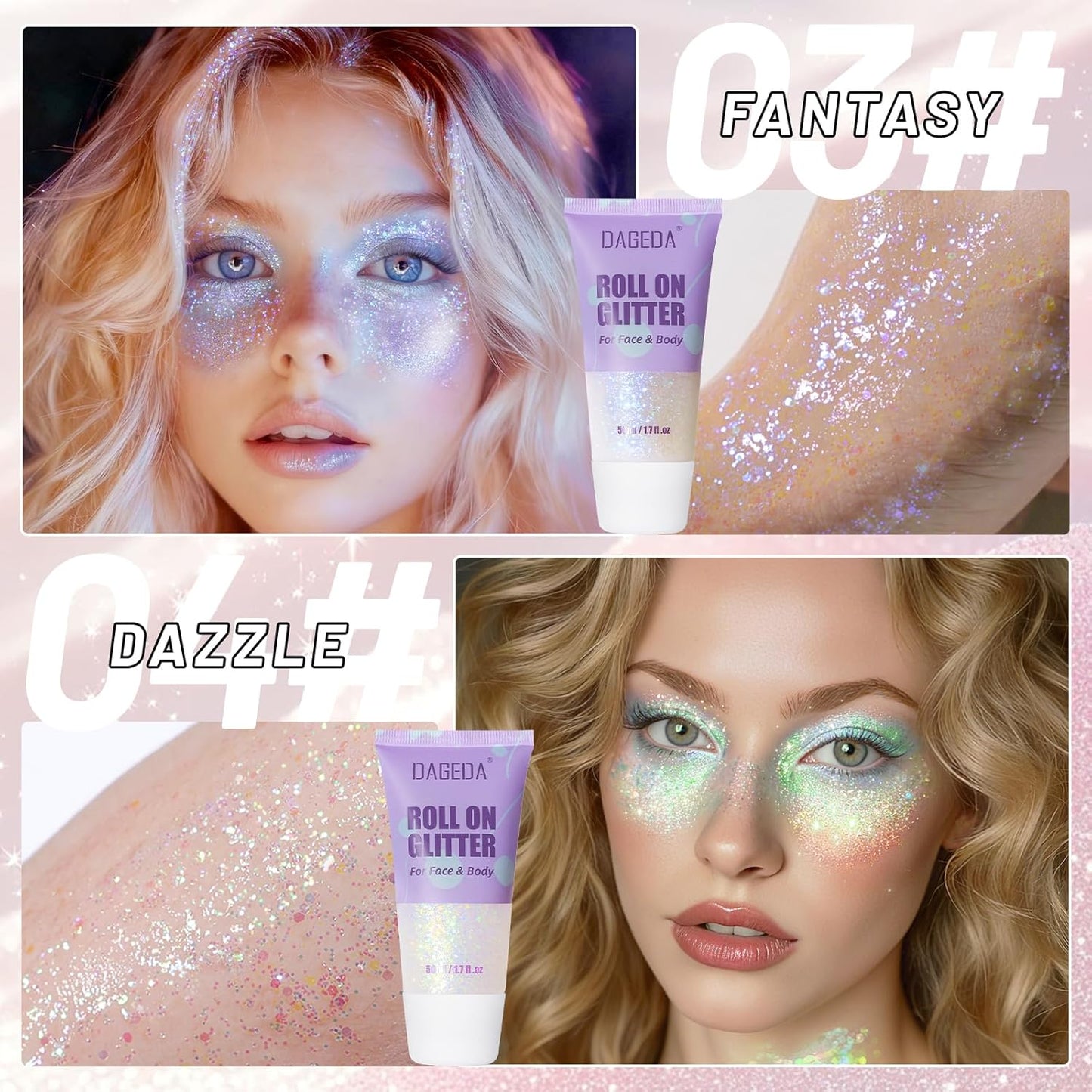 DAGEDA 2 Colors Roll-on Body Glitter, Eye Face Glitter Gel for Festival Outfit Mermaid Accessories,Holographic Color Body Shimmer Makeup Rave Outfits Accessories for Women(03+04)
