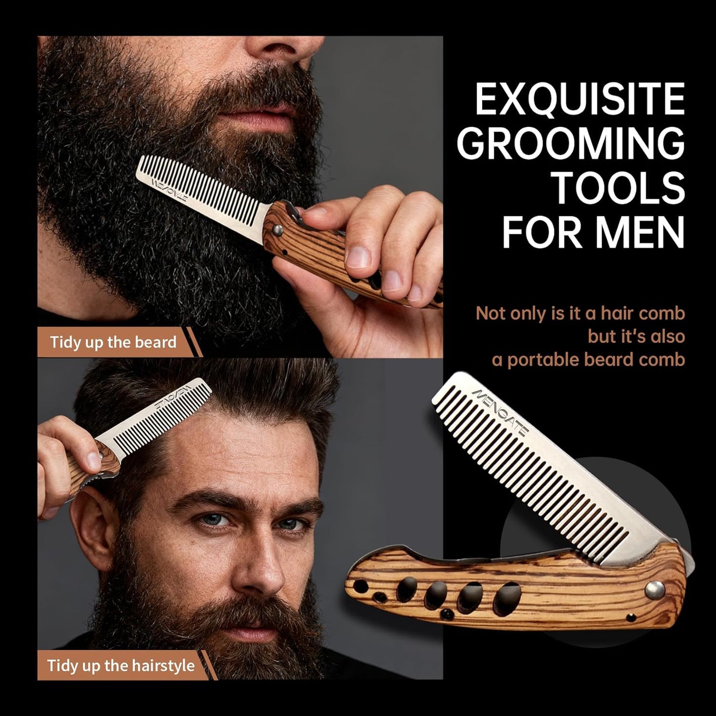 1PC Small Folding Pocket Beard & Mustache & Hair Styling Comb for Men - Metal Tactical Grooming Tool with Wooden Handle, with 180° Rotatable for Outdoor Travel & Home Use - Length 6.57inch