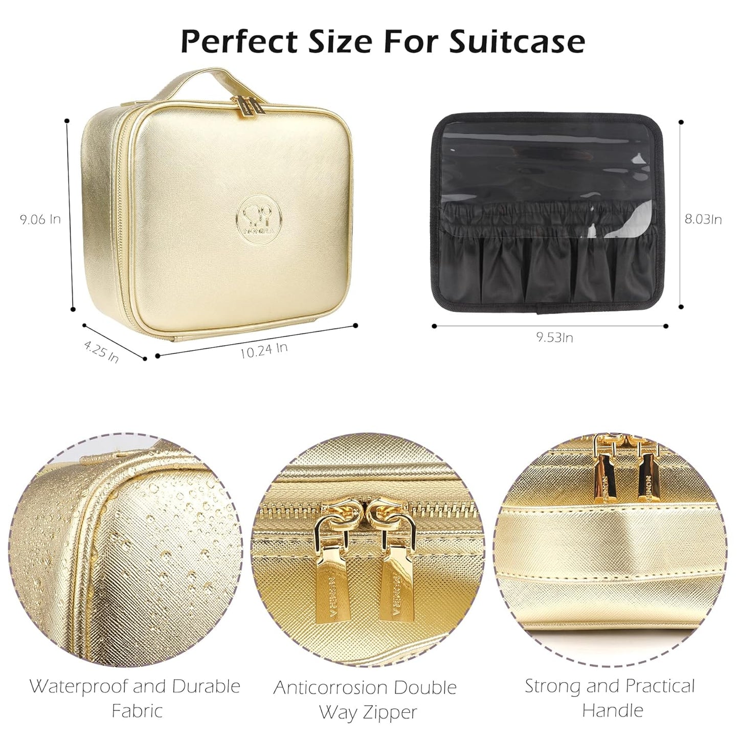 MOMIRA Travel Makeup Bag Cosmetic Bag Makeup Organizer Bag with Lighted Mirror, Adjustable Brightness in 3 Color Scenarios, Waterproof Makeup Train Case, Gift for Women - Golden