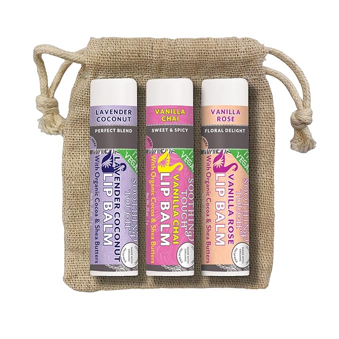 Vegan Lip Balm Set - Variety Pack of 3 Soothing Touch Lip Balms. Includes Bonus Muslin Pouch (3 x 4 in). Unique Gift Bundle from Tiny Seed (Lavender Coconut, Vanilla Chai, Vanilla Rose)