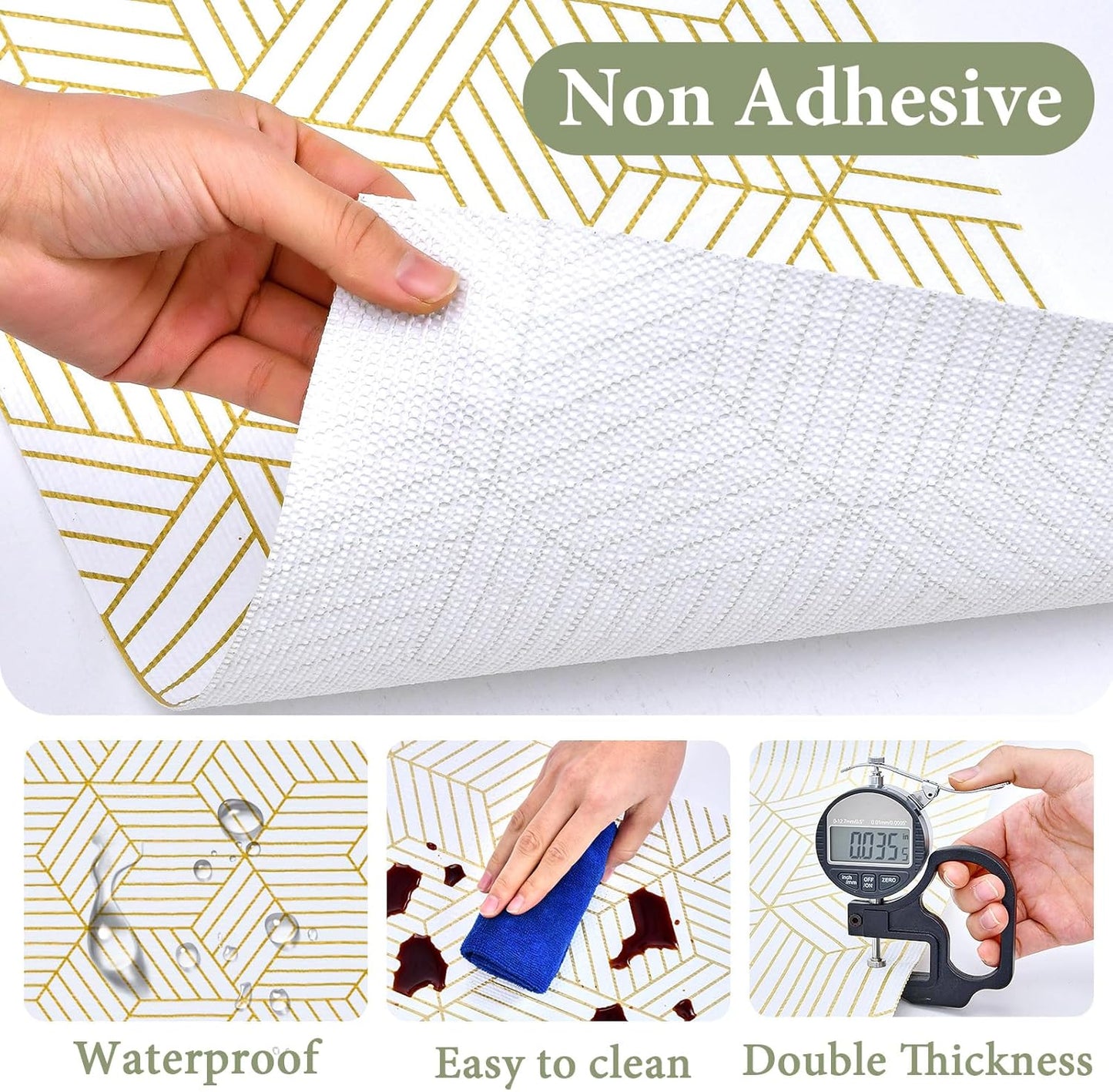 Shelf Liners for Kitchen Cabinets 35.4 in X 39.5 Ft, Non Adhesive Cabinet Liner Strong Non-Slip Thickened Gold Geometric Drawer Liner, Easy to Clean for Shelf, Cabinet with Knife and Tape Measure