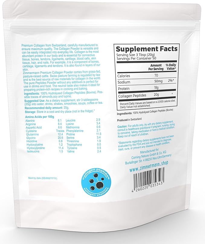 Zimmermann Collagen Peptides Powder 2.2lb 1000g, Produce of Switzerland from Swiss Grass Fed Cows, Hydrolyzed, Unflavored, for Women & Men - Hair, Skin, Nail, & Joint Support, Keto, Type I and III,