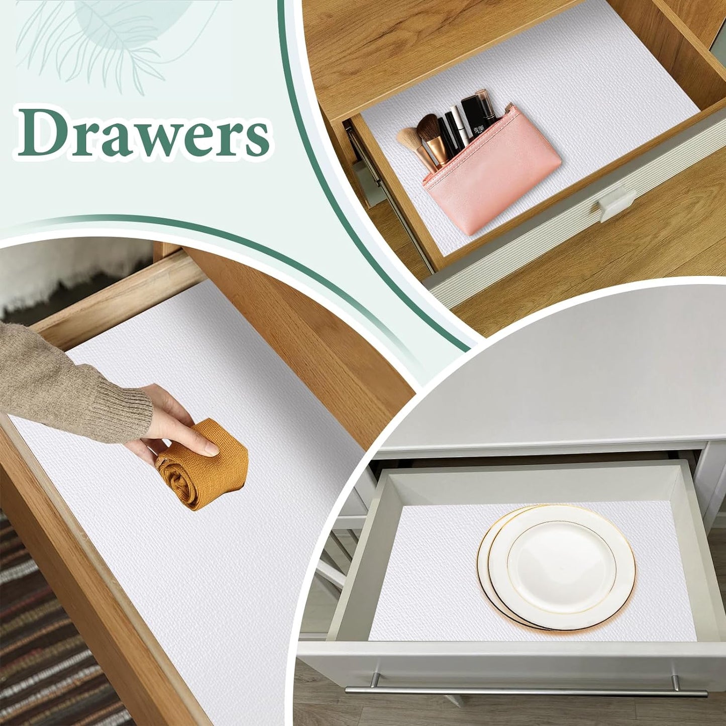 Drawer and Shelf Liner for Kitchen Cabinet: 17 in X 30 Ft Non Slip Waterproof Shelf Paper Non Adhesive Refrigerator Liners White Easy Liners for Bathroom Cupboard with Knife Tape Measure