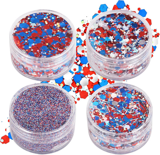 4 jars Red Blue White Hair Glitter,4th of July Body Face Glitter,USA Flag Star Patriotic Sparkle Makeup,Chunky Fourth of July Outfits for Women & Kids,Independence Day Accessories,40g/1.41 oz