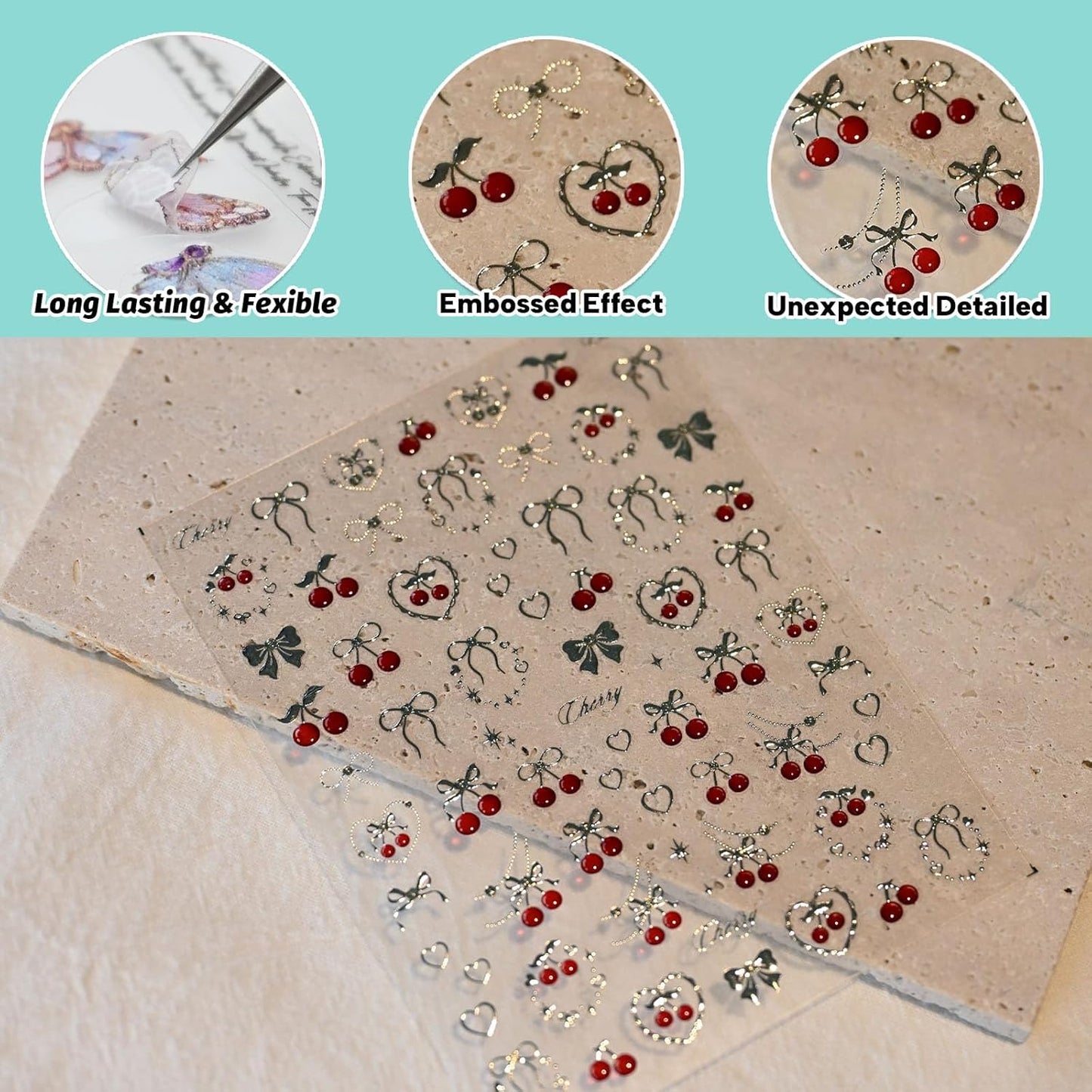 Cherry Bow Nail Art Stickers, Embossed Fruit Nail Decals, Self-Adhesive, Summer Spring Accessories for Women, Nail Decorations