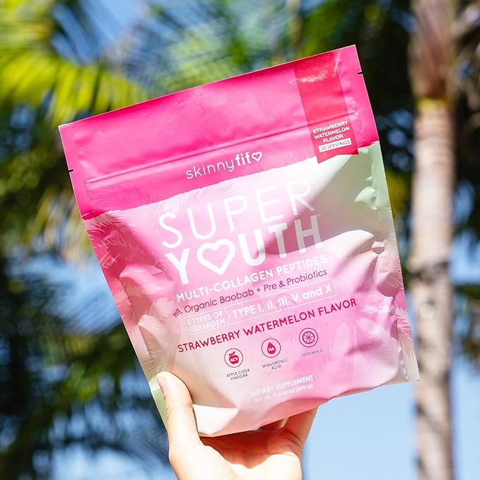 SkinnyFit Super Youth Strawberry Watermelon Multi-Collagen Peptides + Probiotics, Baobab Fiber, Apple Cider Vinegar, Hyaluronic Acid, & Vitamin C, Skin, Hair, Joint & Metabolism Support, 30 Servings