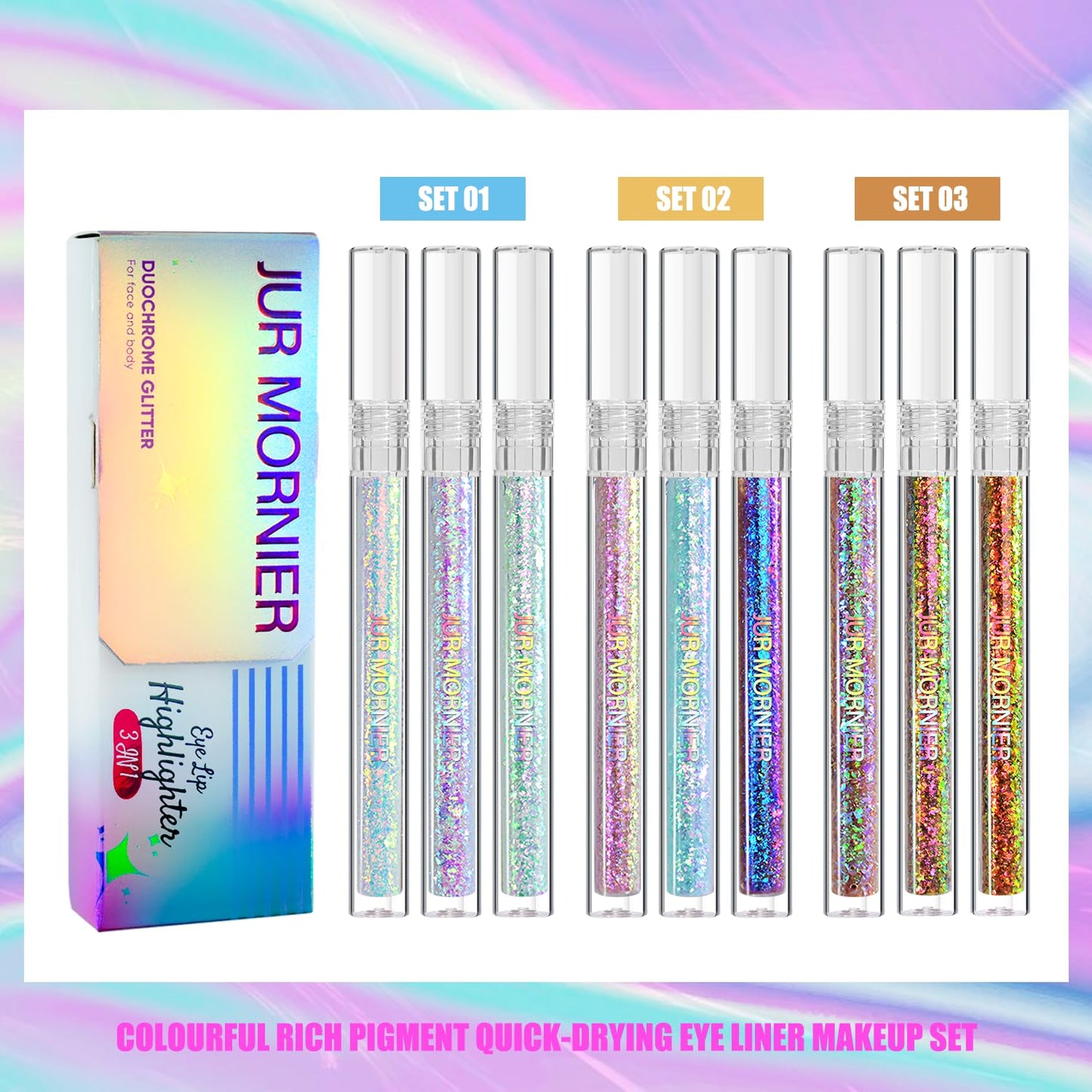 Multichrome Liquid Eyeshadow Set,3 Colors Multi-Dimensional Eye Liner Makeup,High Pigment Waterproof Metallic Eye Shadow,Ultre Fine Tip Glitter Eyeshadow (A01+A02+A03)