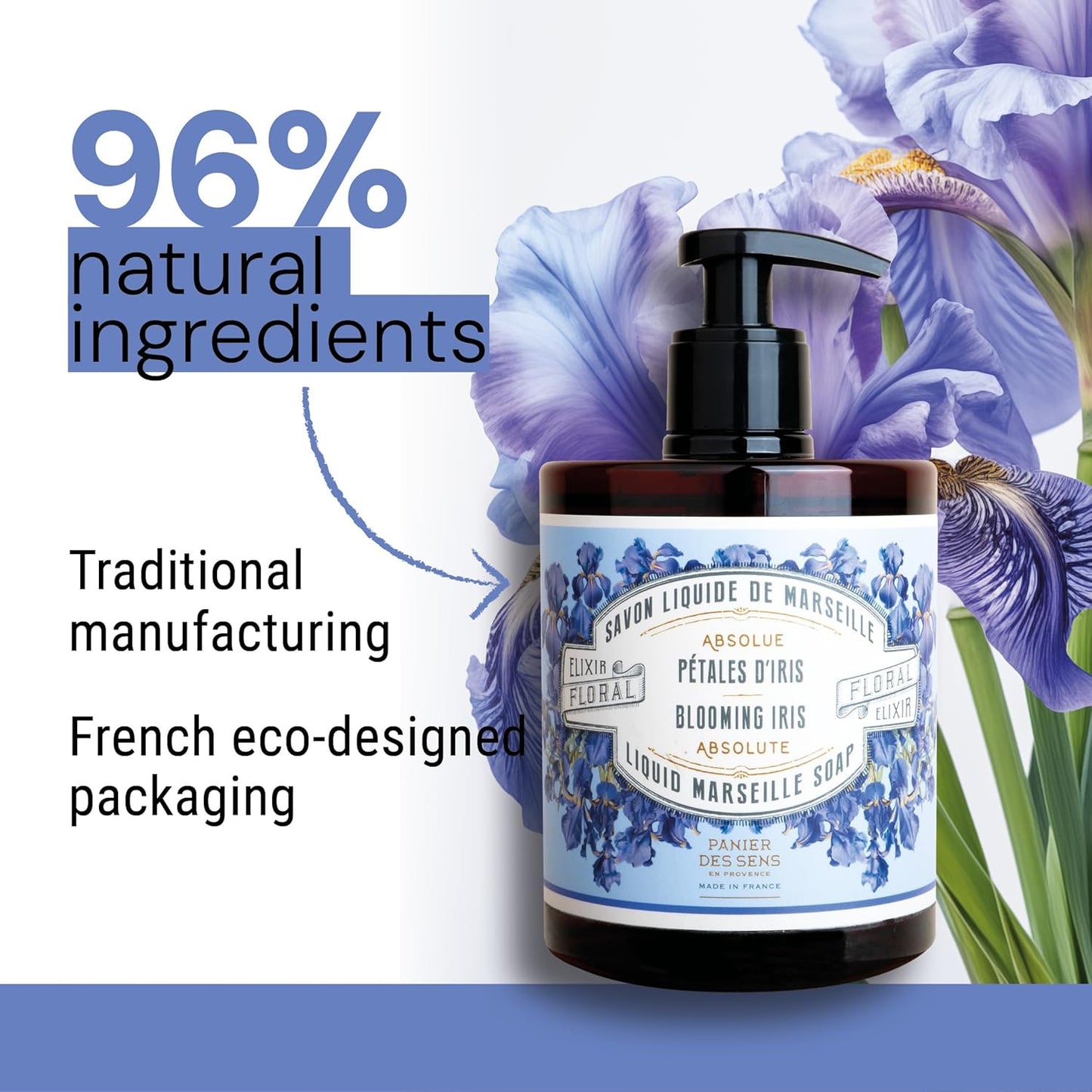 Panier des Sens - Moisturizing Hand Soap - Iris Floral Fragrance - French Traditional Savon de Marseille Soap - Refillable Kitchen & Bathroom Soap - 16.9 Fl.oz Liquid Hand Wash 96% Natural