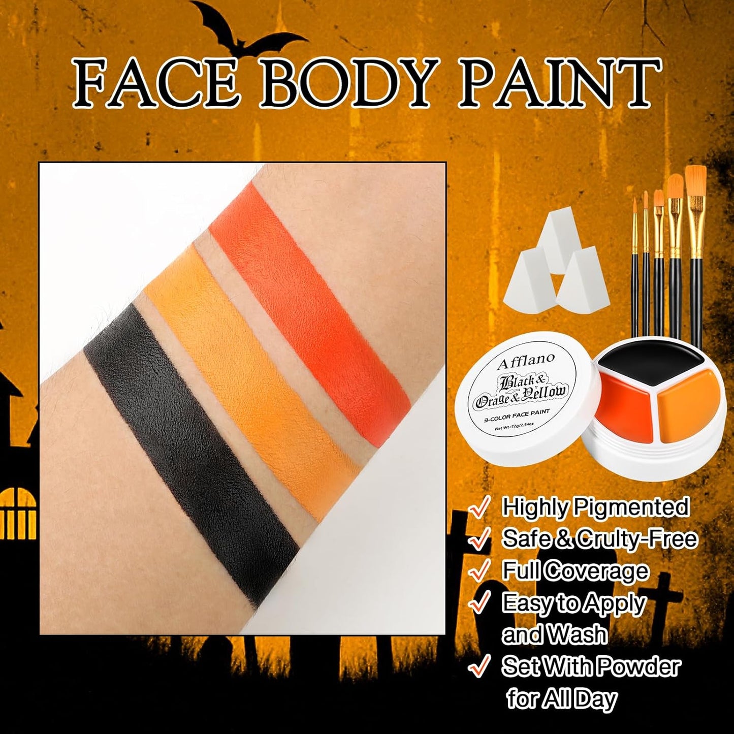 Black Orange Yellow Face Body Paint, Halloween Scarecrow Makeup Kit (3 Sponges + 5 Brushes), 9 Pcs Oil Based Non Toxic Face Painting Kit for Halloween Pumpkin SFX, Clown, Tiger, Lion, Fox, Costume Cos
