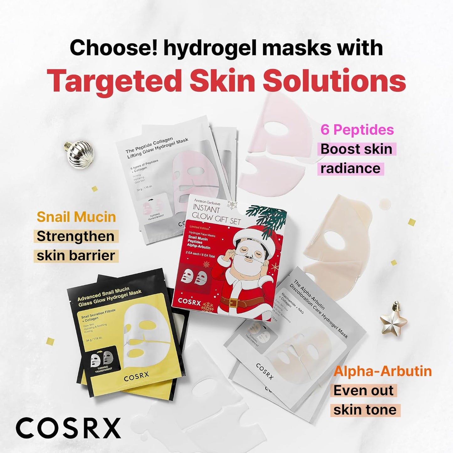 COSRX Glow-Boosting Face Mask Limited Holiday Gift Set 6ea, Snail Mucin, 6 Peptides & Alpha-arbutin for Glass skin, Collagen Face Mask, Korean Skin Care Set, Stocking stuffers, Amazon Exclusive