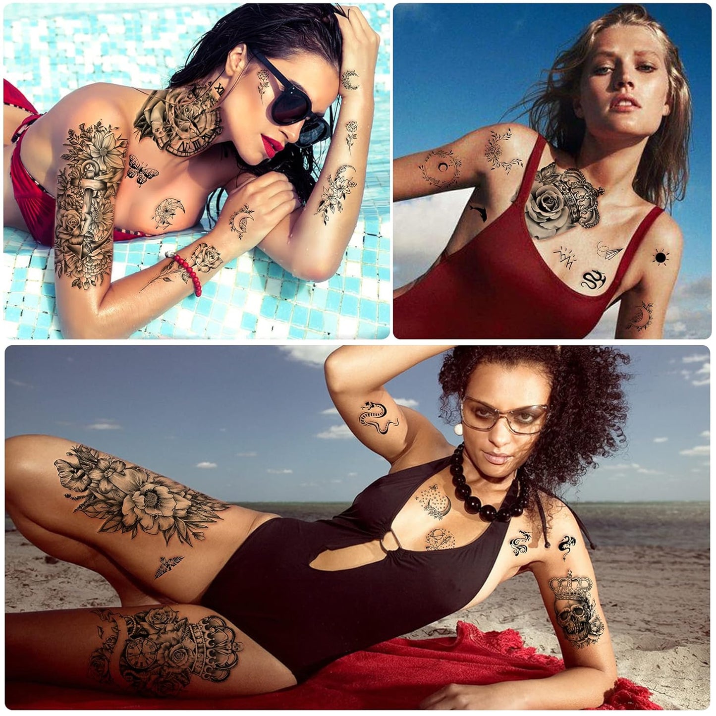 Yazhiji 49 sheets Large Flowers Butterfies Crown Waterproof Temporary Tattoos for Women and Girls,Fake Tattoos for Kids or Adults Body Make Up Tattoo