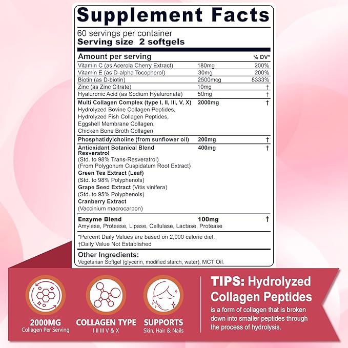 Hydrolyzed Collagen Peptides Pills for Women 2000mg Liposomal Form Type I, II, III, V, X for Optimal Absorption, Multi Collagen Softgels, Collagen Supplements with Hair, Skin & Nails Vitamins 120 Cts
