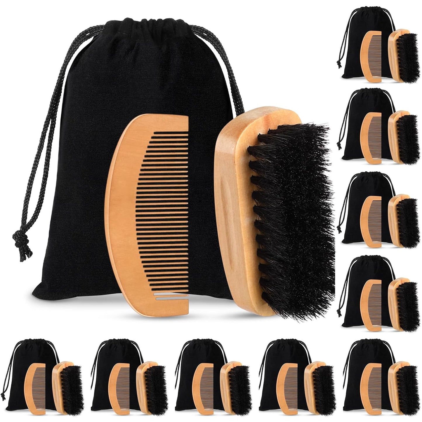 10 Sets Natural Boar Bristle Brush, Pear Wood Dual-Sided Wide Tooth Comb, Travel Pouch - Beard Grooming Kit for Men's Beard Care, Valentine's Gift (Rectangle)