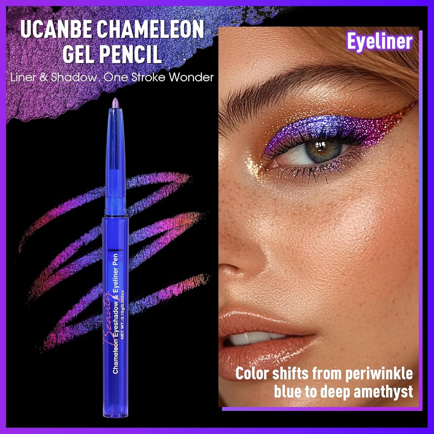 UCANBE Chameleon Eyeshadow & Eyeliner Gel Pencil-Multichrome Shifting Colors Metallic Glitter Eye Makeup,Waterproof Long-Lasting Smudge-Proof Multi-Dimensional Color (Periwinkle Blue to Deep Amethyst)