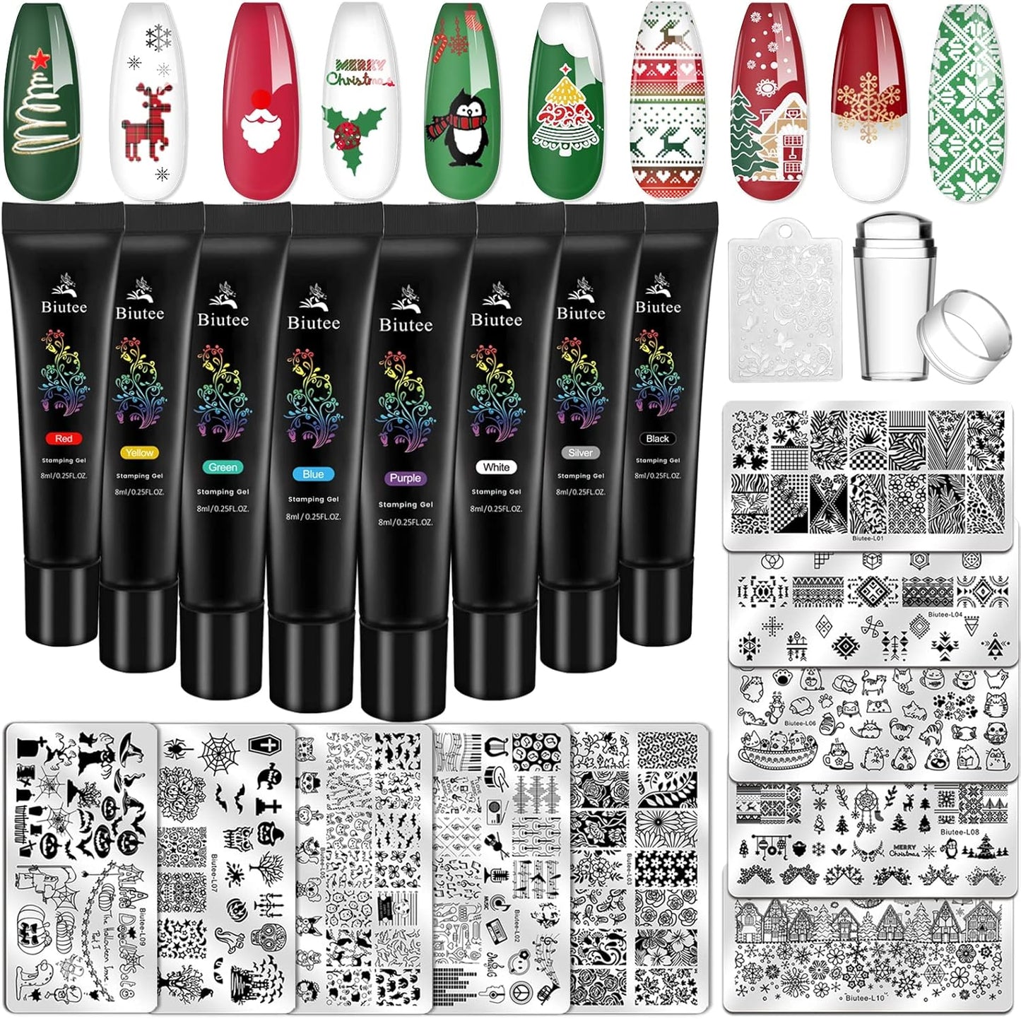 Biutee Nail Stamping Plates set 8 pcs Nail stamping polish gel 10pcs Templates with stamper Nail Art Plates set Valentine Nail Plates animal flower Rose design