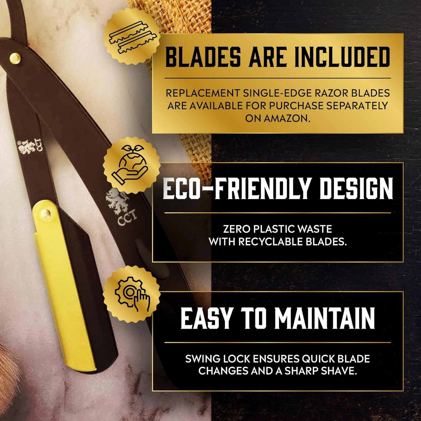 The Cambridge Cutthroat® Cut Throat Razor Kit with Blades & Travel Pouch - Black & Gold Stainless Steel Professional Barber Shaver Men - Straight Edge Moustache & Beard Shaper