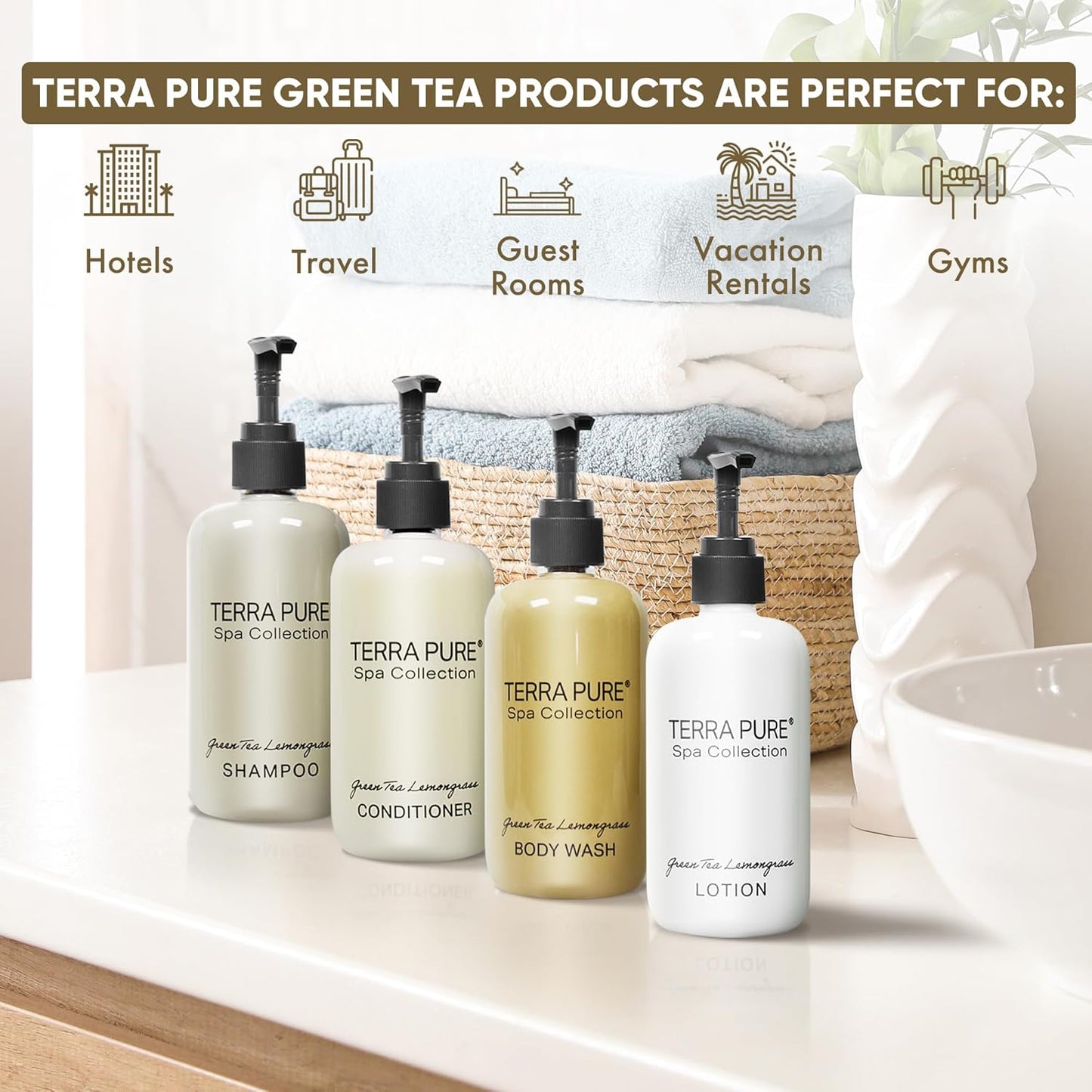 Terra Pure Spa Collection Amenities Set,10.14oz. Pumps (1 of Each) Shampoo, Conditioner, Hand/Body Wash, and Lotion