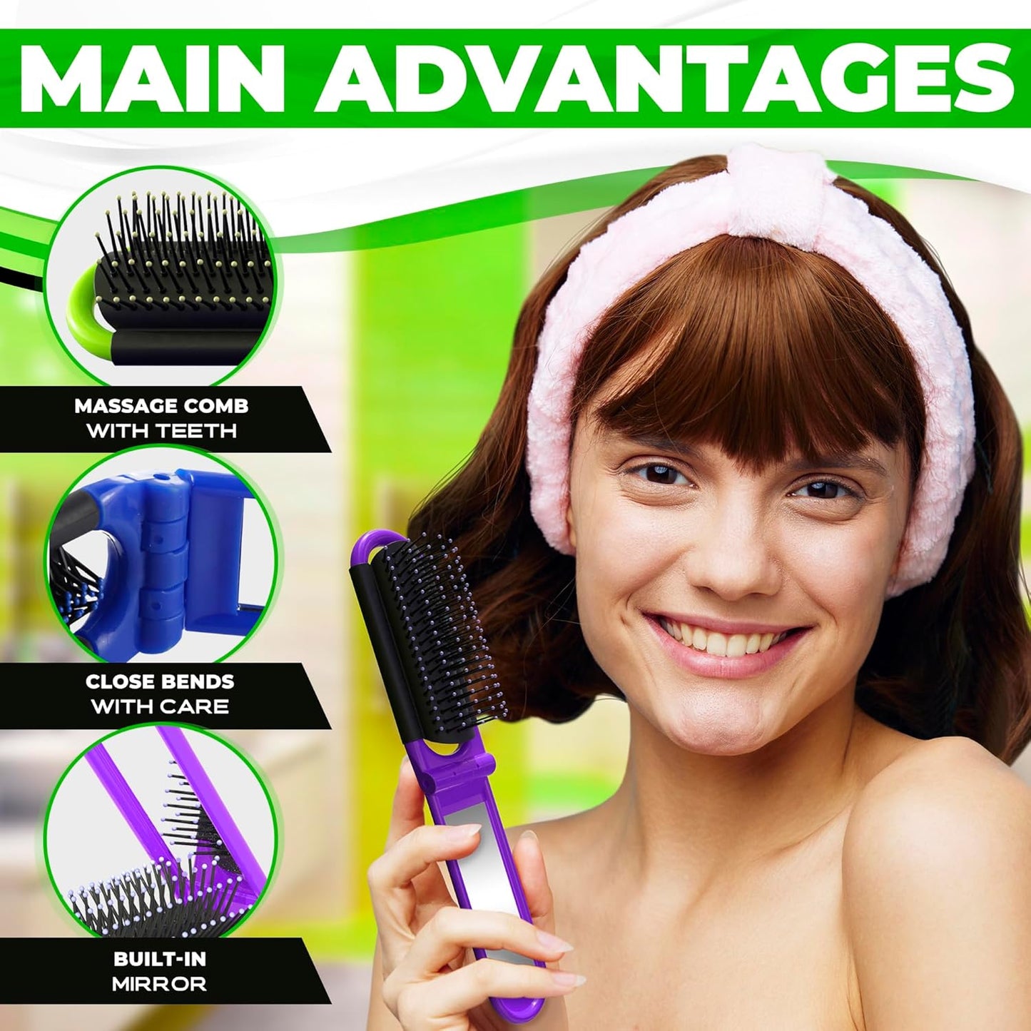 4 Pcs Travel Hair Brush - 4.25x1.49" Folding Hair Brush with Mirror and Flexible Nylon Bristles, Lightweight Travel Comb for Women - 4 Colors Pack, Foldable Hairbrush for Styling on the Go