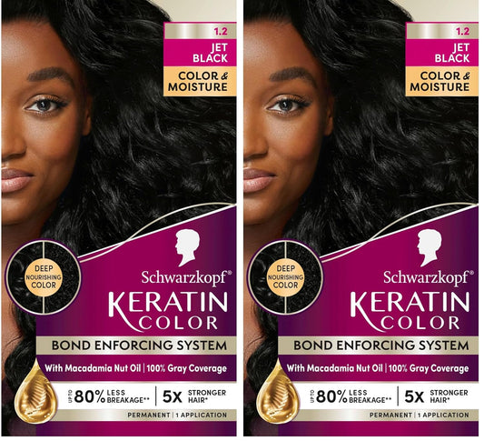 Schwarzkopf Keratin Color, Color & Moisture Permanent Hair Color Cream, 1.2 Jet Black, 1 Kit (Pack of 2)