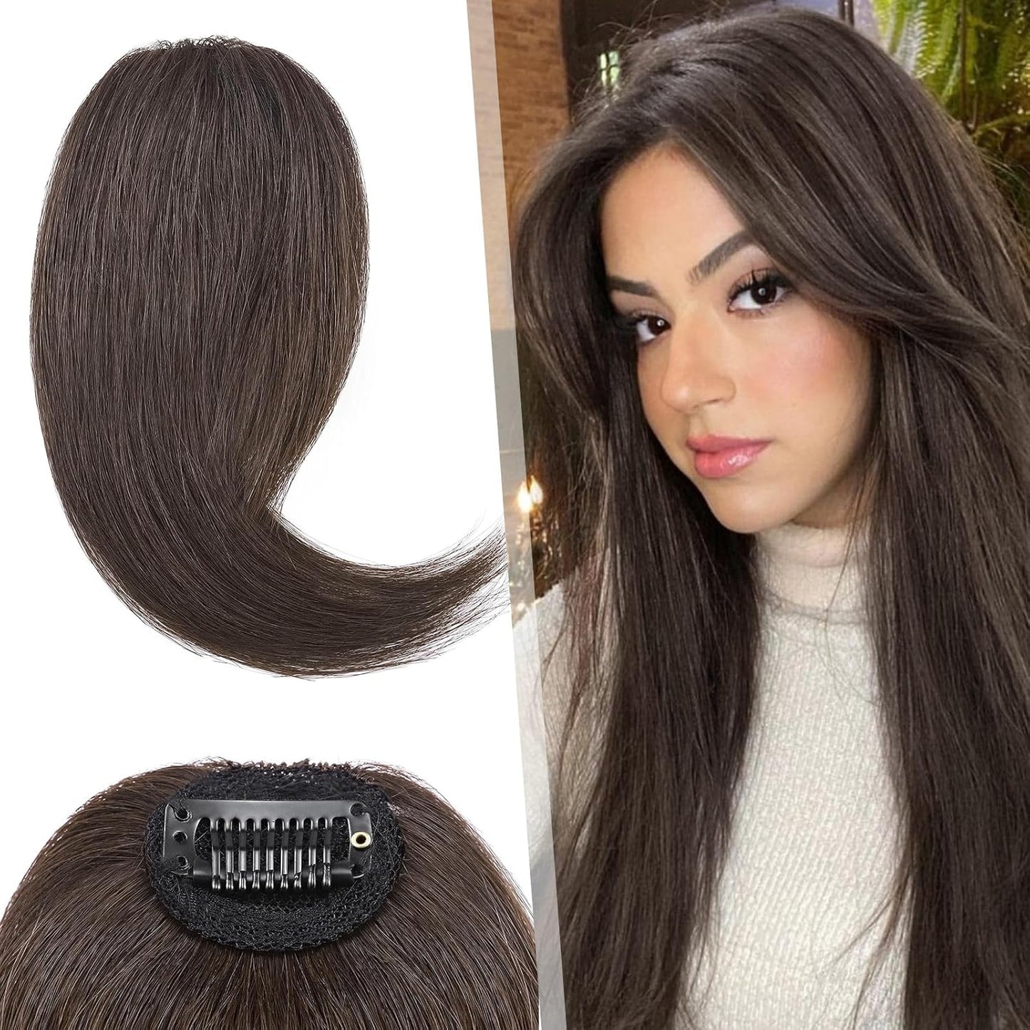 Hairro Clip in Wave Side Bangs Extensions, 100% Human Hair 2 PCS Clip on Middle Part French Bangs Thin Sides Swept Fringe Hairpieces