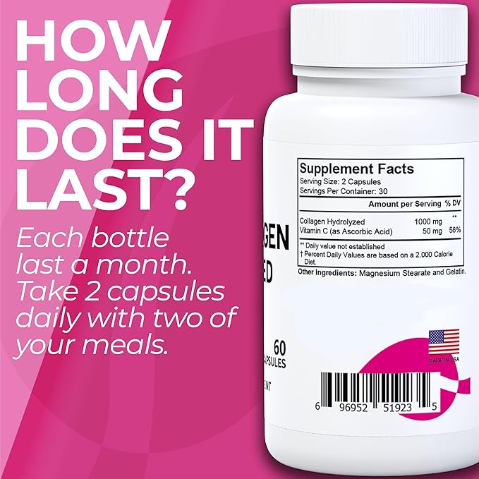 Cólageno hidrolizado - Pastillas de colágeno - Piel, arrugas y antienvejecimiento – Fortalecimiento del Cabello y uñas – Dolor en articulaciones – Collagen HYDROLIZED Plus Vitamin C 1000 MG 60 Cap