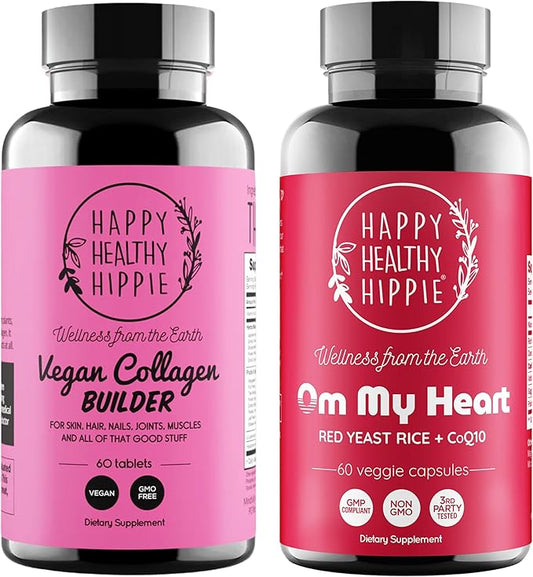 Happy Healthy Hippie Red Yeast Rice with CoQ10 Supplement & Vegan Collagen Builder w/Hyaluronic