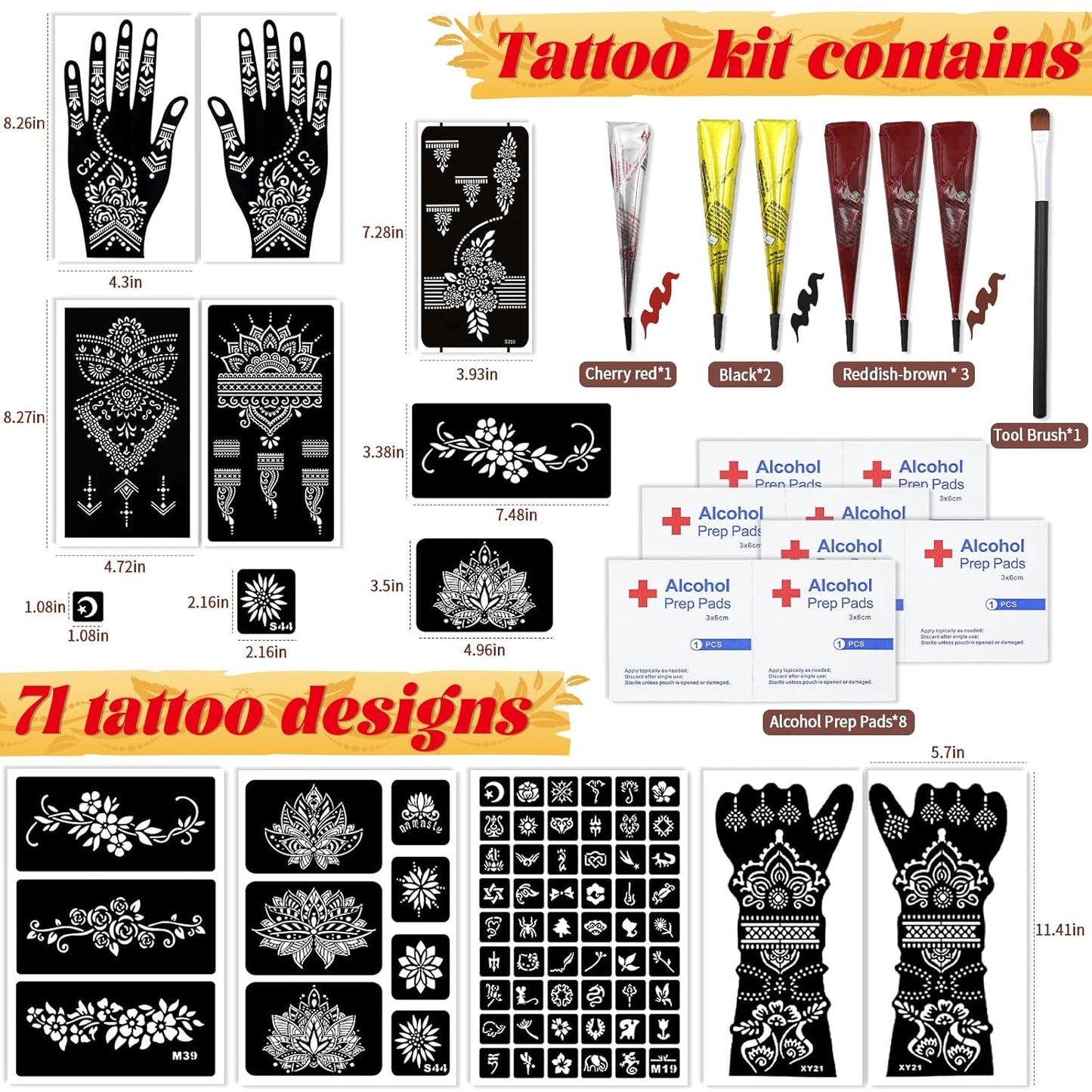 Temporary Tattoo Stencil Kit 10 Sheets (7 Large Hand & Half Arm), 6 Pcs 3 Color Cones (Black/Brown/Cherry Red),Temporary Tattoos for Adults Kids Men Women,DIY Body Art with Stencils