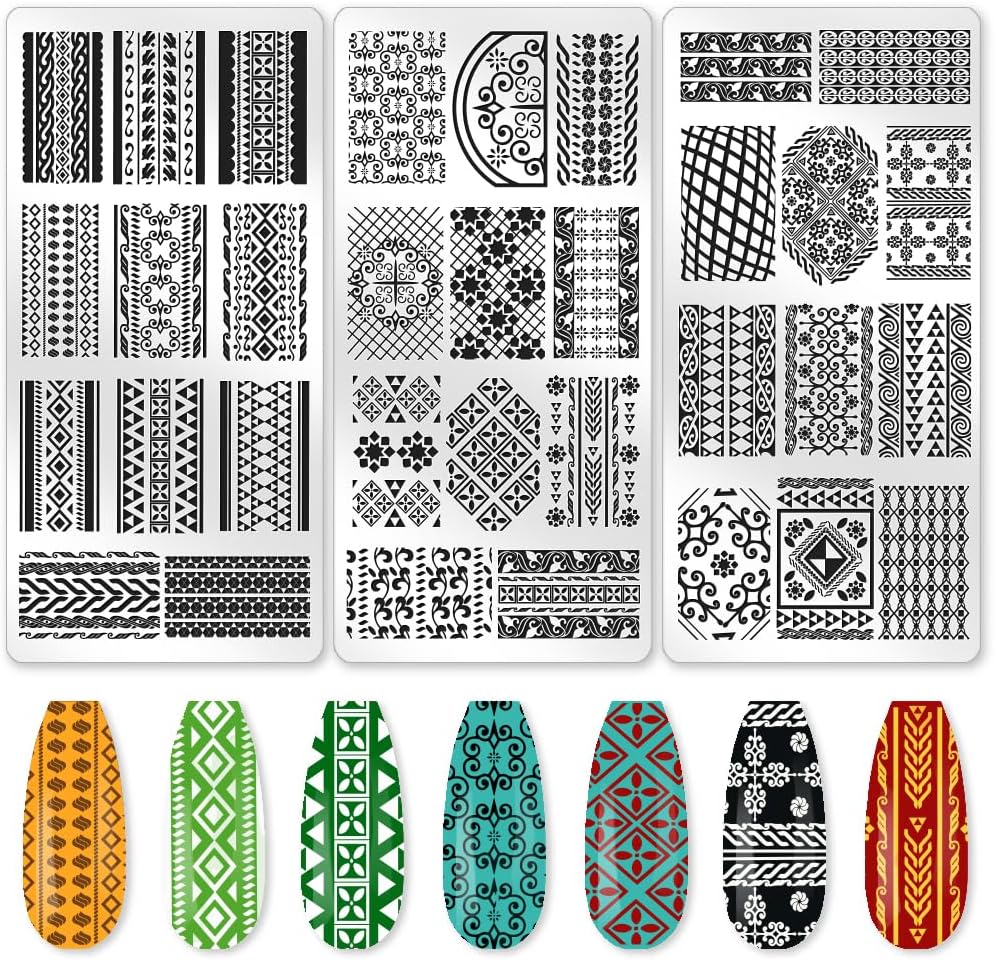 3Pcs Geometric Texture Nail Stamping Plate Set Aztec Retro Pattern Steel Nail Stamp Templates Clear Silicone Nails Stamping with Stamper Scraper for Manicure Printing
