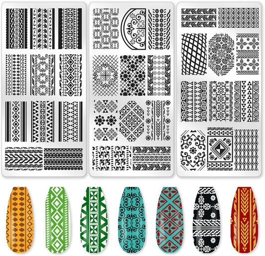 3Pcs Geometric Texture Nail Stamping Plate Set Aztec Retro Pattern Steel Nail Stamp Templates Clear Silicone Nails Stamping with Stamper Scraper for Manicure Printing