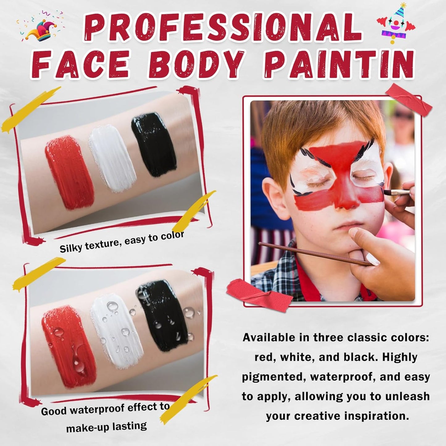 CAHIUYOA Halloween Joker Clown Makeup Kit,Black White Red Face body Paint with Red Clown Nose,Lipstick,3PCS Green Powder Puff,Professional Halloween Stage Cosplay joker Sfx Makeup