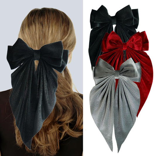 3 PCS Large Velvet Hair Bows, Oversized Long Tail Bows with Aliigator Clips, Coquette Hair Accessories for Women and Girls (Black - Wine Red - Grey)