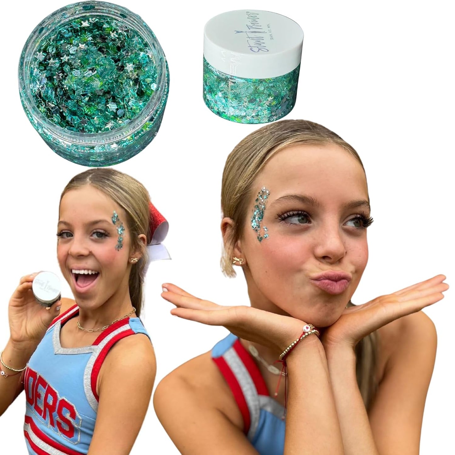 Stunt Trainer Cheer Glitter Face Body Makeup Peel Off Gel Chunky Holographic 15 Colors 1.6oz Vegan Cruelty Free Nontoxic Cheerleader Cheerleading Makeup