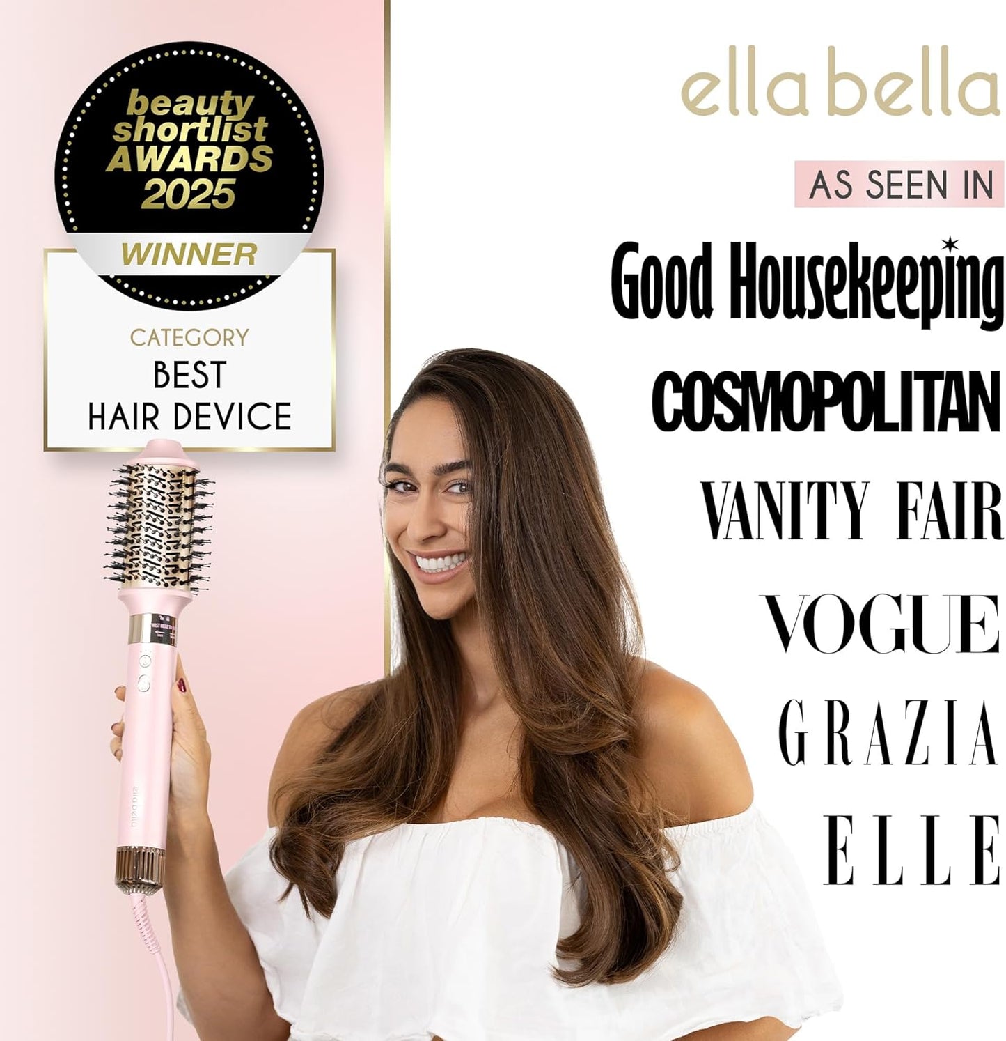 ELLA BELLA® 6-in-1 Hot Air Styler Pink & Heat Protectant Spray • Powerful Hair Dryer Set for Fast Curling, Volumizing, Straightening • Includes Travel Case • UV Shield & Nourishing Hair Care