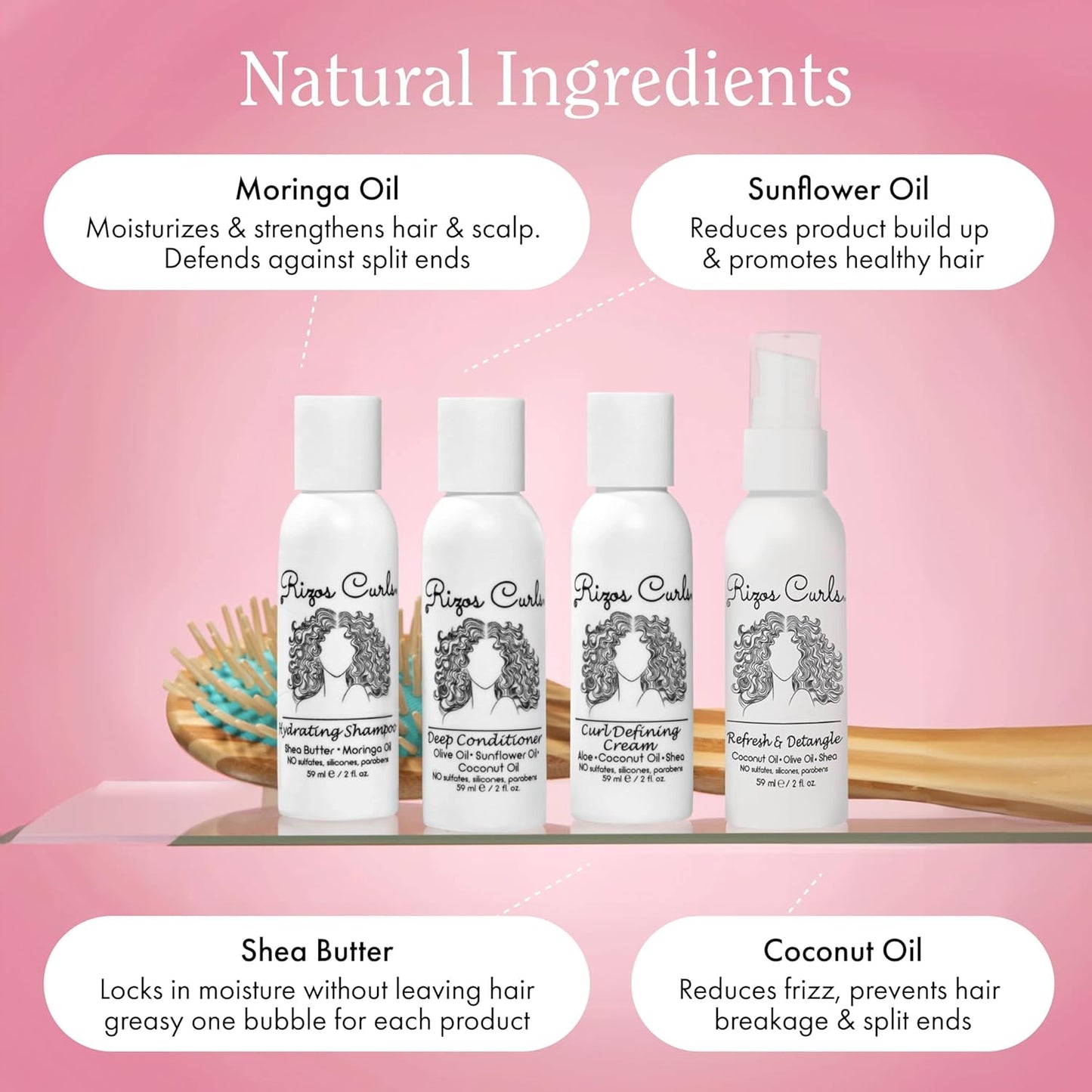 Rizos Curls 4-Step Travel Kit for Curly Hair: Curl Defining Cream, Shampoo, Conditioner, Refresh & Detangle (2 fl oz each)